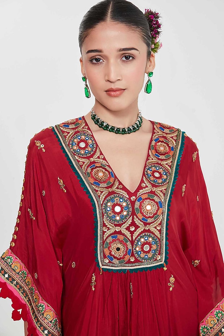 Cherry Red Habutai Silk Mirror Hand Embroidered Kaftan Set by SIDDHARTHA BANSAL at Pernia's Pop Up Shop
