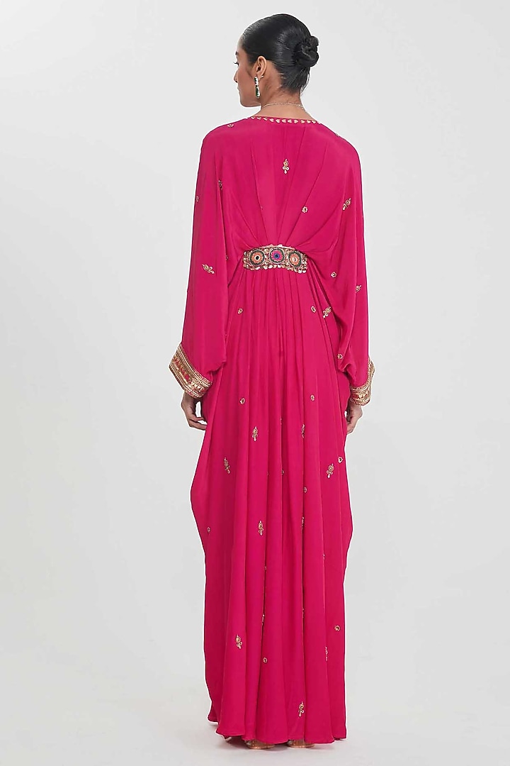 Rani Pink Crepe Hand Embellished Pleated Kaftan by SIDDHARTHA BANSAL at Pernia's Pop Up Shop