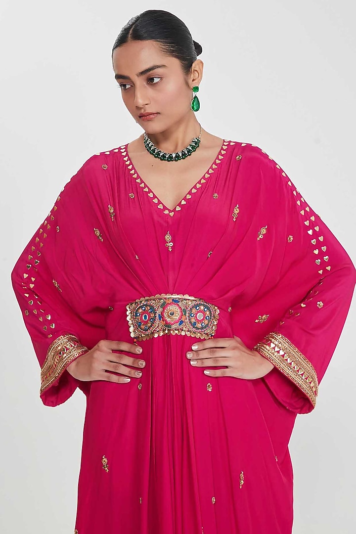Rani Pink Crepe Hand Embellished Pleated Kaftan by SIDDHARTHA BANSAL at Pernia's Pop Up Shop