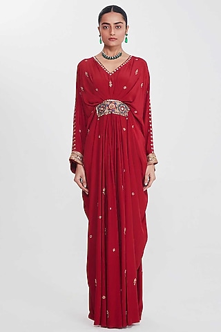 Cherry Red Crepe Hand Embellished Pleated Kaftan by SIDDHARTHA BANSAL