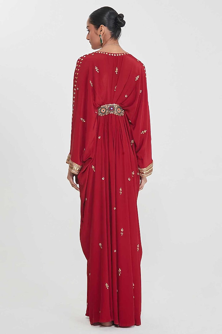 Cherry Red Crepe Hand Embellished Pleated Kaftan by SIDDHARTHA BANSAL at Pernia's Pop Up Shop
