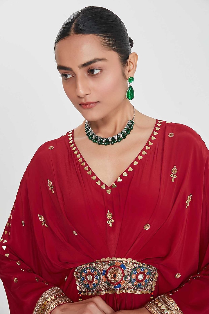 Cherry Red Crepe Hand Embellished Pleated Kaftan by SIDDHARTHA BANSAL at Pernia's Pop Up Shop
