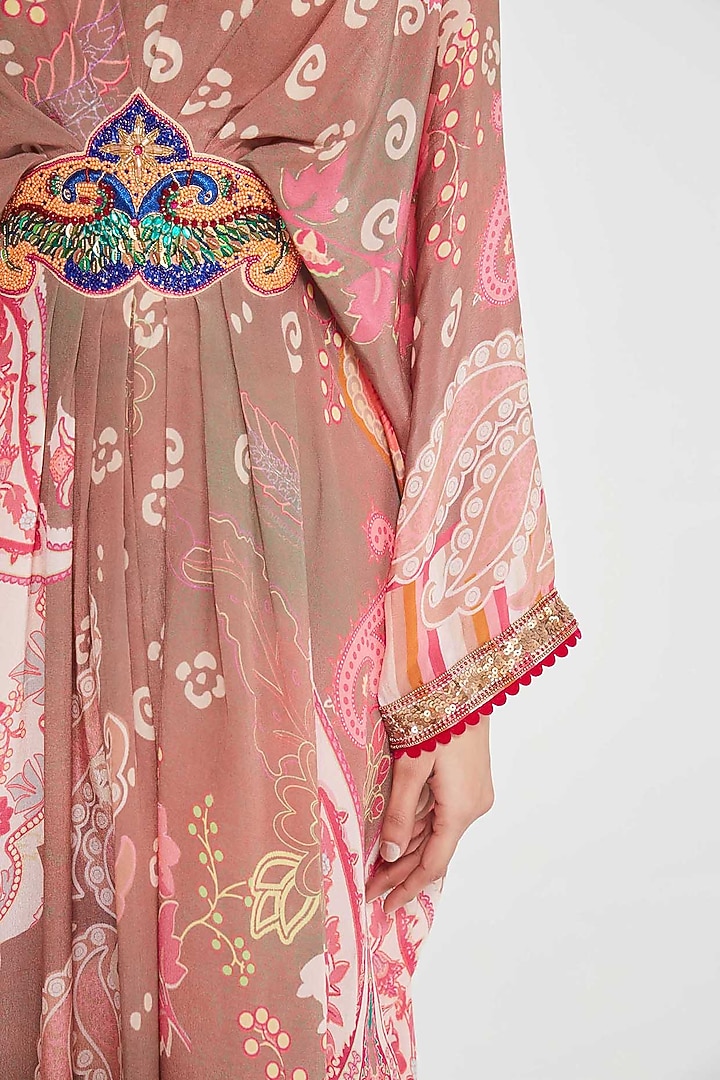 Blush Pink Crepe Paisley Printed & Hand Embellished Pleated Kaftan by SIDDHARTHA BANSAL at Pernia's Pop Up Shop