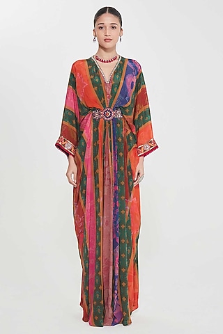 Multi-Colored Crepe Stripe Printed & Hand Embellished Pleated Kaftan by SIDDHARTHA BANSAL