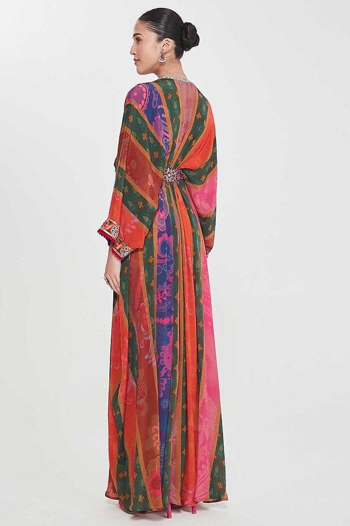Multi-Colored Crepe Stripe Printed & Hand Embellished Pleated Kaftan by SIDDHARTHA BANSAL at Pernia's Pop Up Shop