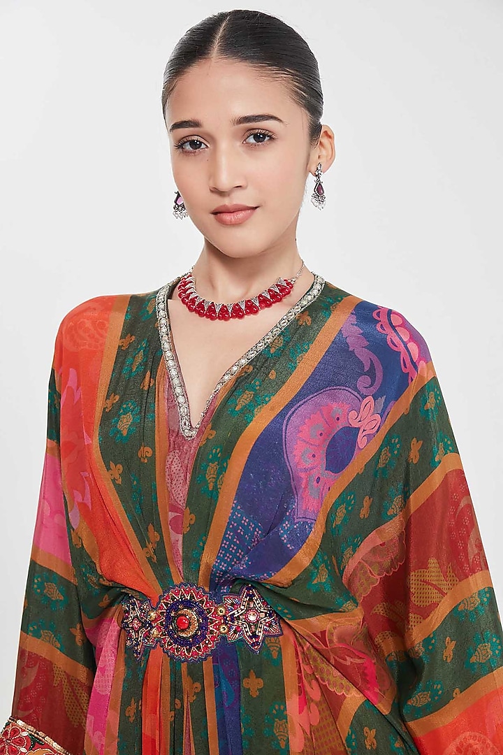 Multi-Colored Crepe Stripe Printed & Hand Embellished Pleated Kaftan by SIDDHARTHA BANSAL at Pernia's Pop Up Shop