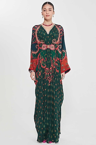 Nori Green Crepe Paisley Printed & Hand Embellished Pleated Kaftan by SIDDHARTHA BANSAL