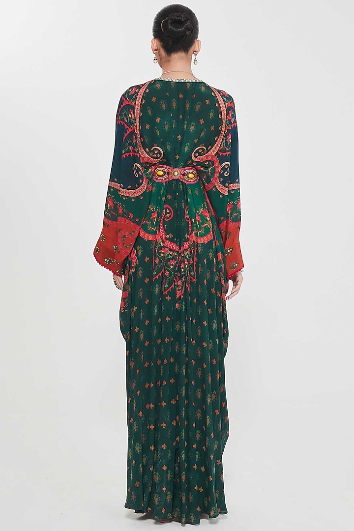 Nori Green Crepe Paisley Printed & Hand Embellished Pleated Kaftan by SIDDHARTHA BANSAL at Pernia's Pop Up Shop