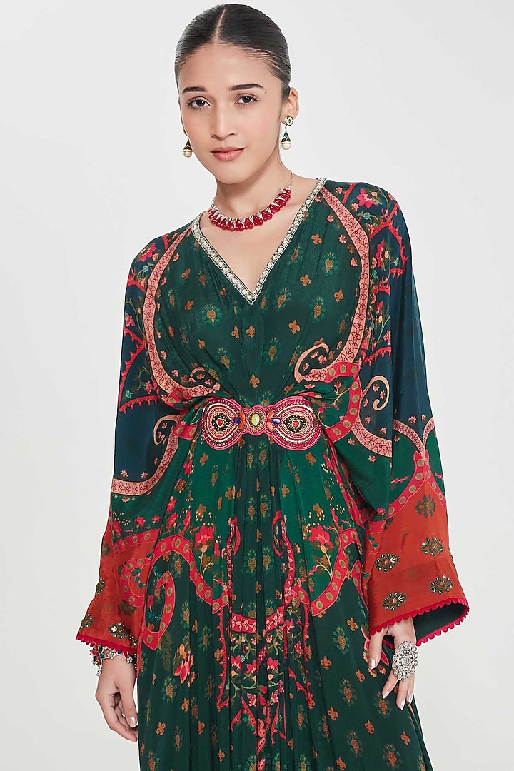 Nori Green Crepe Paisley Printed & Hand Embellished Pleated Kaftan by SIDDHARTHA BANSAL at Pernia's Pop Up Shop