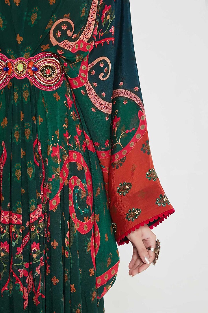 Nori Green Crepe Paisley Printed & Hand Embellished Pleated Kaftan by SIDDHARTHA BANSAL at Pernia's Pop Up Shop