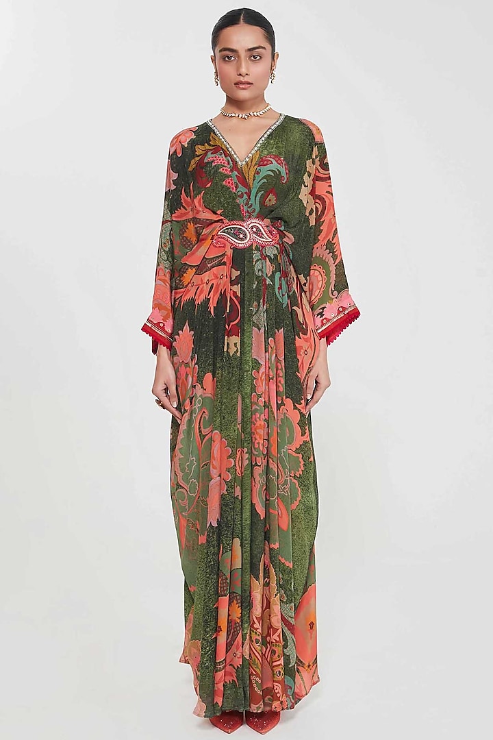 Barsaat Green Crepe Paisley Printed & Hand Embellished Pleated Kaftan by SIDDHARTHA BANSAL at Pernia's Pop Up Shop
