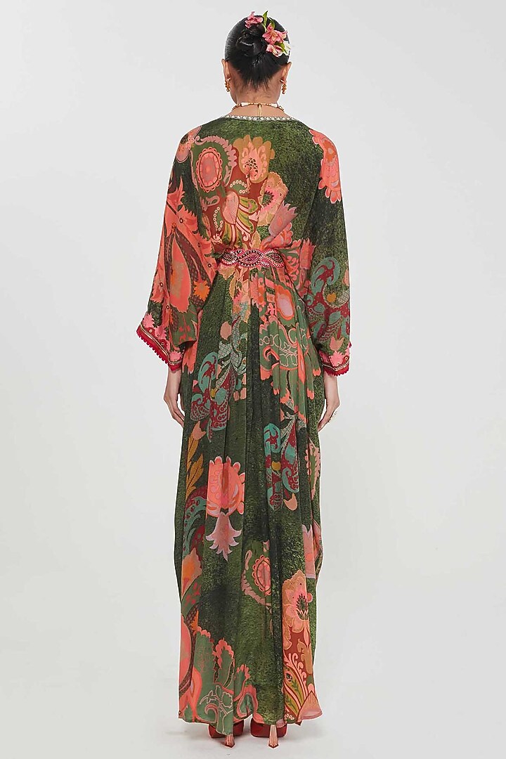 Barsaat Green Crepe Paisley Printed & Hand Embellished Pleated Kaftan by SIDDHARTHA BANSAL at Pernia's Pop Up Shop