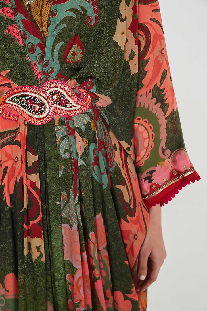 Barsaat Green Crepe Paisley Printed & Hand Embellished Pleated Kaftan by SIDDHARTHA BANSAL at Pernia's Pop Up Shop
