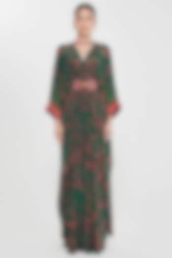 Royal Green Crepe Paisley Printed & Hand Embellished Pleated Kaftan by SIDDHARTHA BANSAL at Pernia's Pop Up Shop