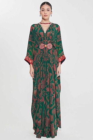Royal Green Crepe Paisley Printed & Hand Embellished Pleated Kaftan by SIDDHARTHA BANSAL