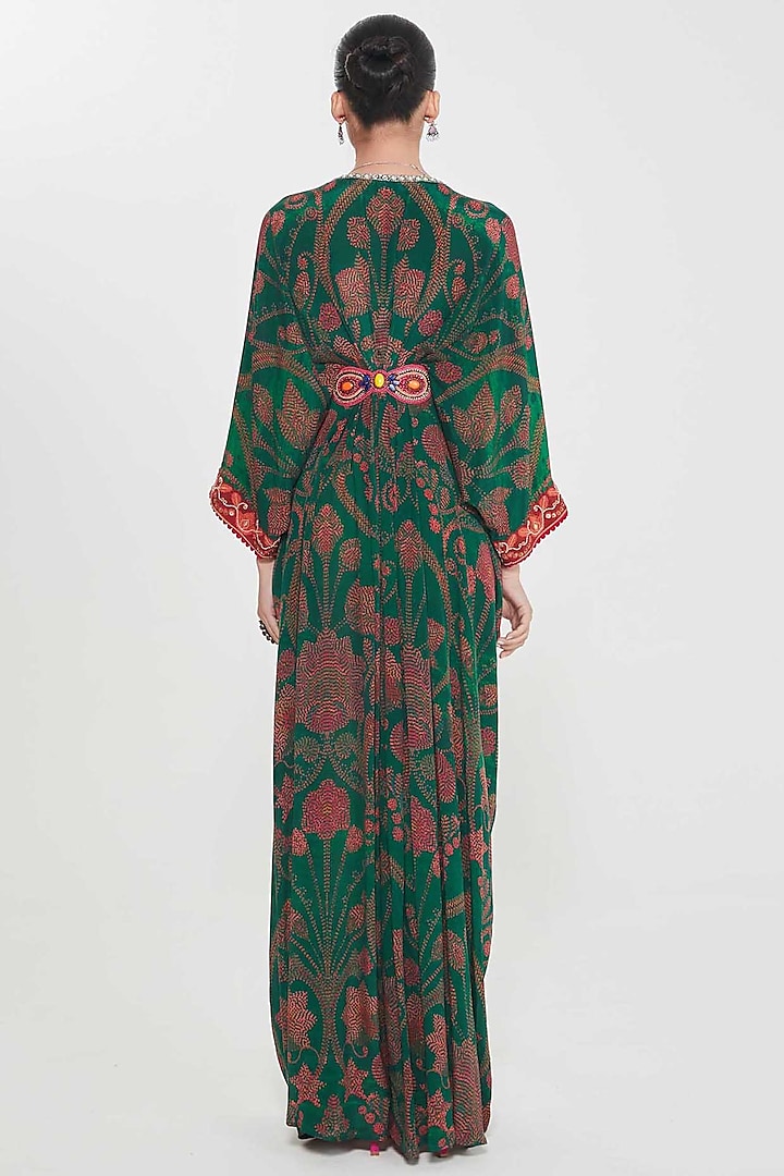 Royal Green Crepe Paisley Printed & Hand Embellished Pleated Kaftan by SIDDHARTHA BANSAL at Pernia's Pop Up Shop