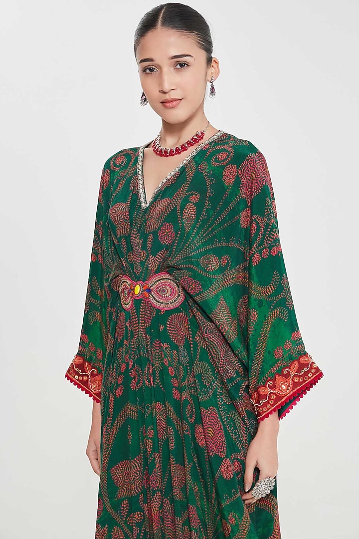 Royal Green Crepe Paisley Printed & Hand Embellished Pleated Kaftan by SIDDHARTHA BANSAL at Pernia's Pop Up Shop