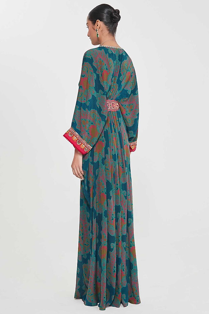 Midnight Blue Crepe Paisley Printed & Hand Embellished Pleated Kaftan by SIDDHARTHA BANSAL at Pernia's Pop Up Shop