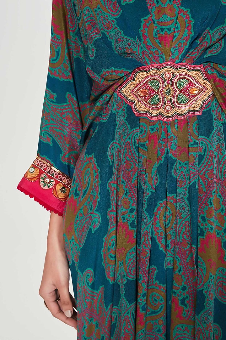 Midnight Blue Crepe Paisley Printed & Hand Embellished Pleated Kaftan by SIDDHARTHA BANSAL at Pernia's Pop Up Shop