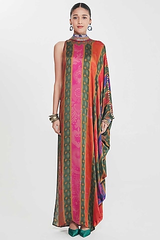 Multi-Colored Satin Stripe Printed & Hand Embellished One-Shoulder Dress by SIDDHARTHA BANSAL