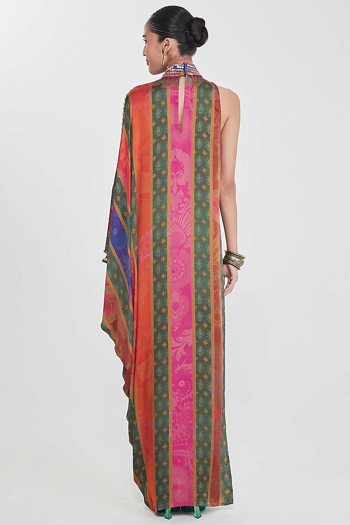 Multi-Colored Satin Stripe Printed & Hand Embellished One-Shoulder Vacation Dress by SIDDHARTHA BANSAL at Pernia's Pop Up Shop