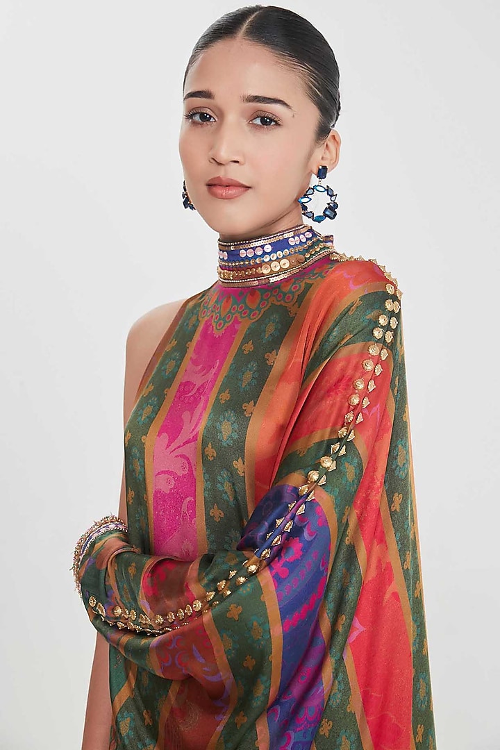 Multi-Colored Satin Stripe Printed & Hand Embellished One-Shoulder Vacation Dress by SIDDHARTHA BANSAL at Pernia's Pop Up Shop