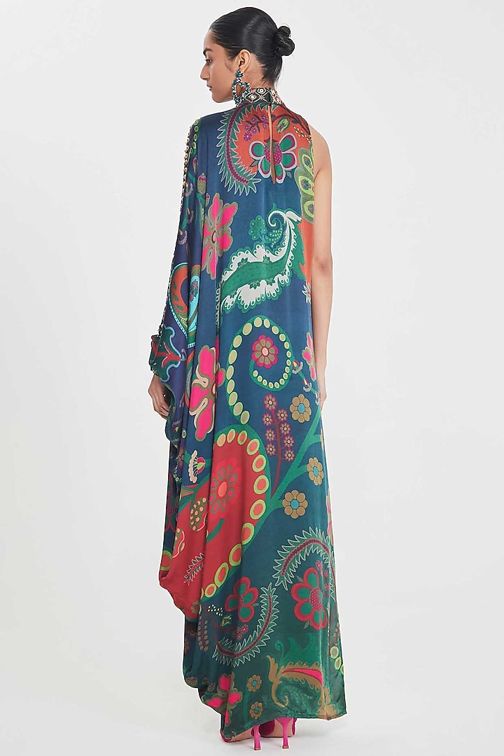 Multi-Colored Satin Paisley Printed & Hand Embellished One-Shoulder Vacation Dress by SIDDHARTHA BANSAL at Pernia's Pop Up Shop