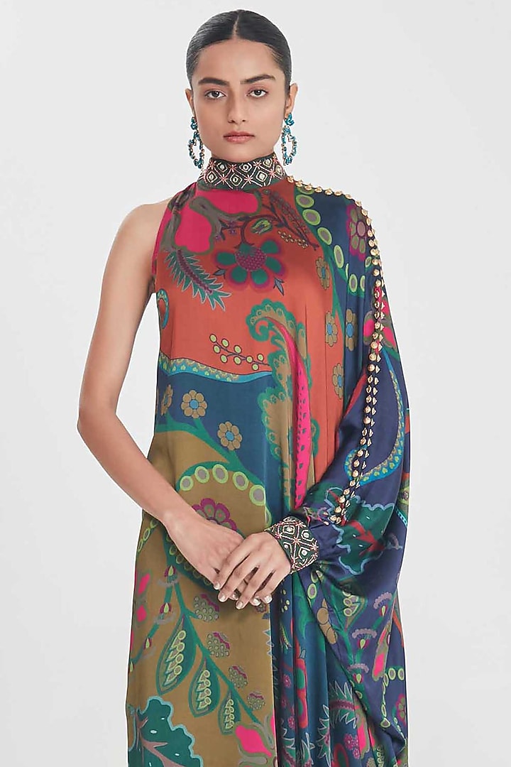 Multi-Colored Satin Paisley Printed & Hand Embellished One-Shoulder Vacation Dress by SIDDHARTHA BANSAL at Pernia's Pop Up Shop