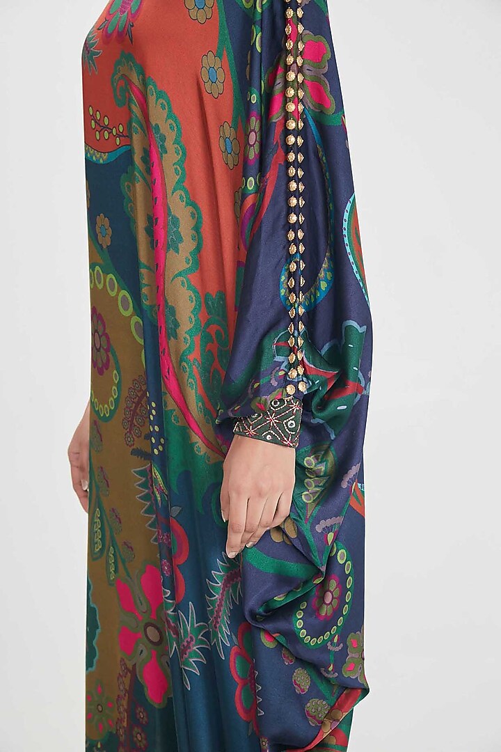 Multi-Colored Satin Paisley Printed & Hand Embellished One-Shoulder Vacation Dress by SIDDHARTHA BANSAL at Pernia's Pop Up Shop