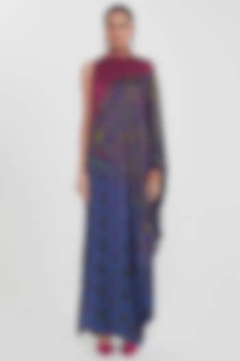 Midnight Blue Satin Printed & Hand Embellished One-Shoulder Vacation Dress by SIDDHARTHA BANSAL at Pernia's Pop Up Shop