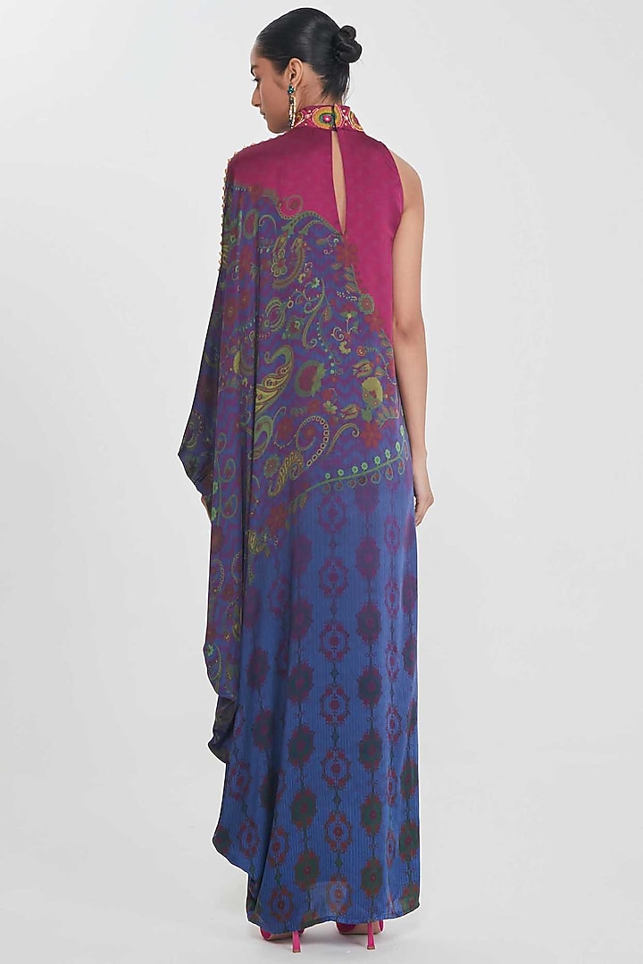 Midnight Blue Satin Printed & Hand Embellished One-Shoulder Vacation Dress by SIDDHARTHA BANSAL at Pernia's Pop Up Shop