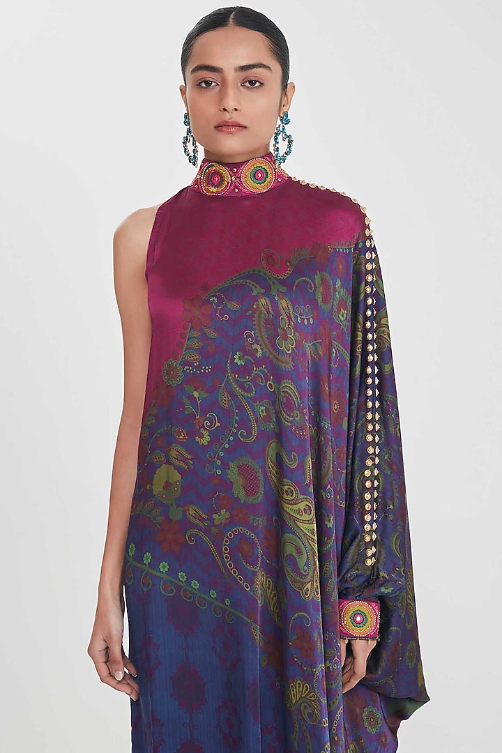 Midnight Blue Satin Printed & Hand Embellished One-Shoulder Vacation Dress by SIDDHARTHA BANSAL at Pernia's Pop Up Shop