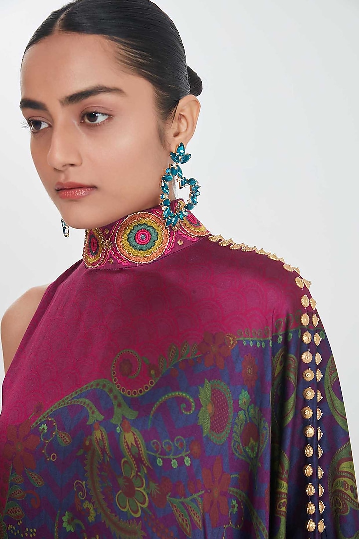 Midnight Blue Satin Printed & Hand Embellished One-Shoulder Vacation Dress by SIDDHARTHA BANSAL at Pernia's Pop Up Shop