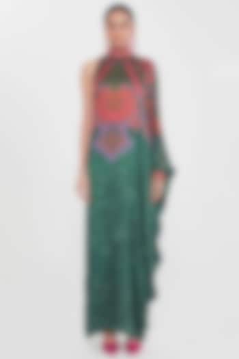 Royal Blue Satin Paisley Printed & Hand Embellished One-Shoulder Dress by SIDDHARTHA BANSAL at Pernia's Pop Up Shop