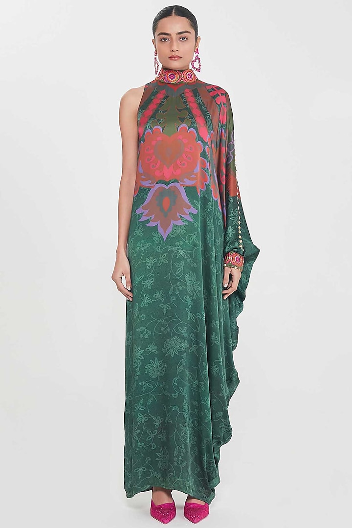 Royal Blue Satin Paisley Printed & Hand Embellished One-Shoulder Dress by SIDDHARTHA BANSAL at Pernia's Pop Up Shop