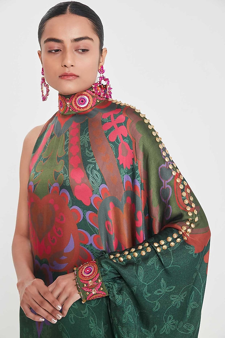 Royal Blue Satin Paisley Printed & Hand Embellished One-Shoulder Vacation Dress by SIDDHARTHA BANSAL at Pernia's Pop Up Shop