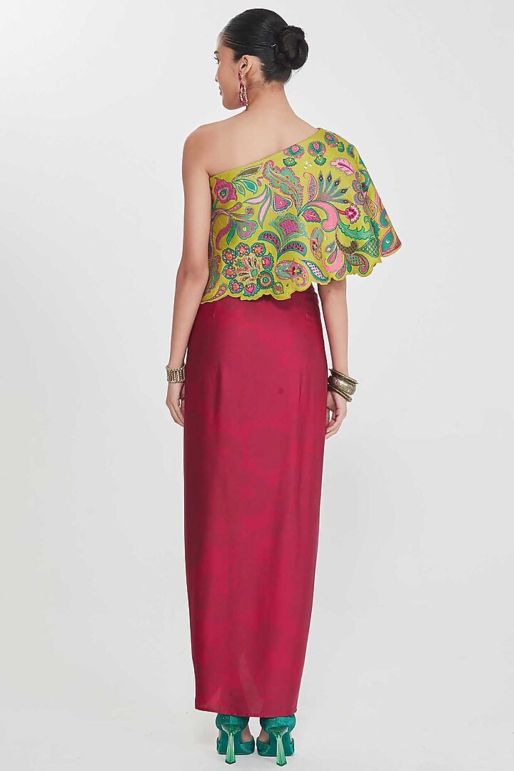 Red Satin Printed Draped Skirt Set by SIDDHARTHA BANSAL at Pernia's Pop Up Shop