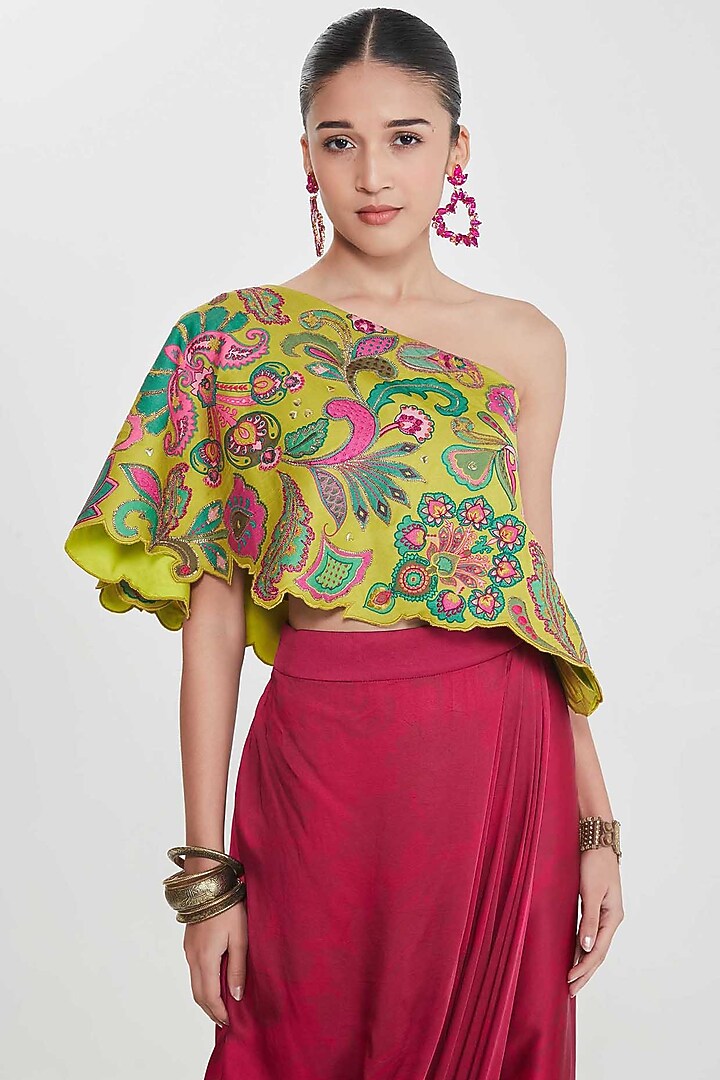 Red Satin Printed Draped Skirt Set by SIDDHARTHA BANSAL at Pernia's Pop Up Shop