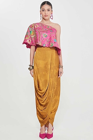 Sand Yellow Satin Printed Draped Skirt Set by SIDDHARTHA BANSAL
