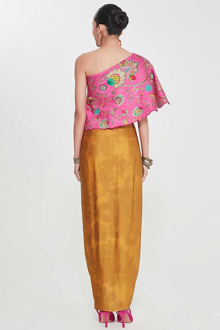 Sand Yellow Satin Printed Draped Skirt Set by SIDDHARTHA BANSAL at Pernia's Pop Up Shop
