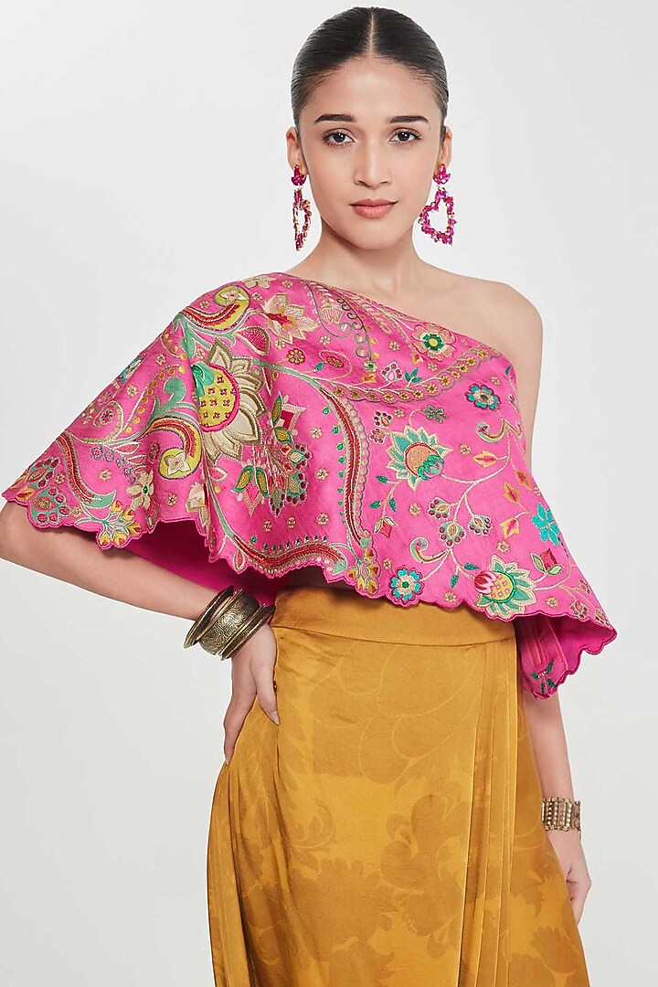 Sand Yellow Satin Printed Draped Skirt Set by SIDDHARTHA BANSAL at Pernia's Pop Up Shop