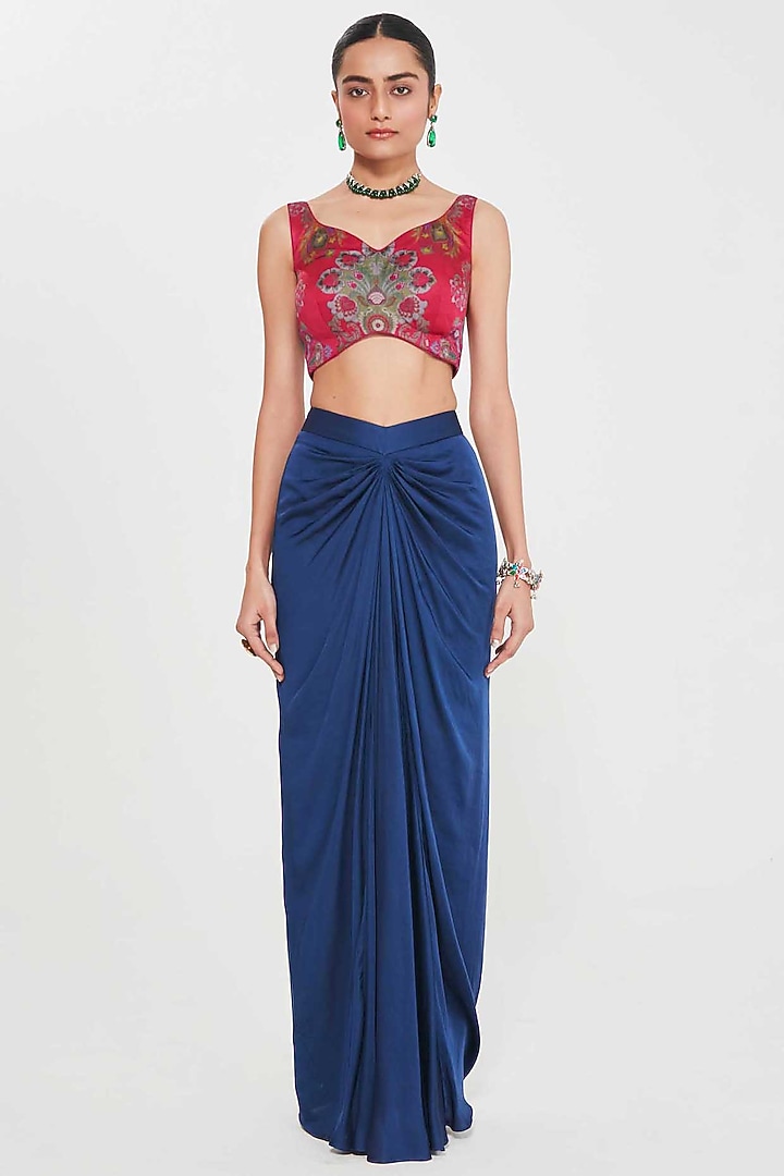 Midnight Blue Satin Draped Skirt Set by SIDDHARTHA BANSAL at Pernia's Pop Up Shop