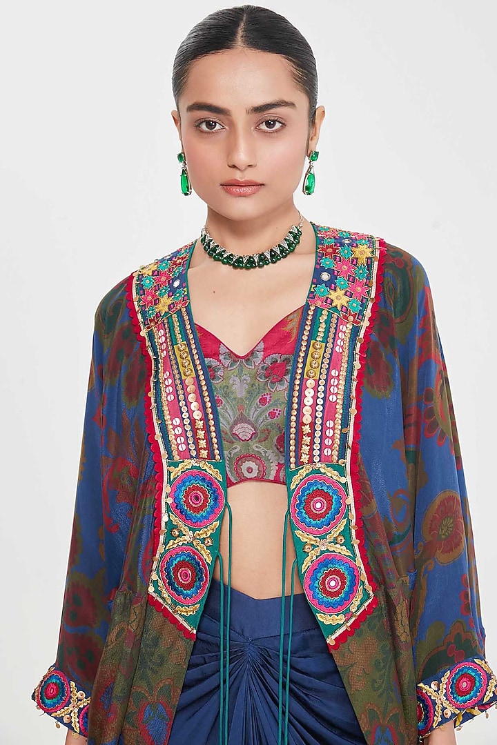 Midnight Blue Satin Draped Skirt Set by SIDDHARTHA BANSAL at Pernia's Pop Up Shop