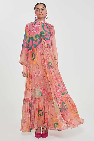 Blush Pink Crepe Printed Tiered Maxi Dress by SIDDHARTHA BANSAL