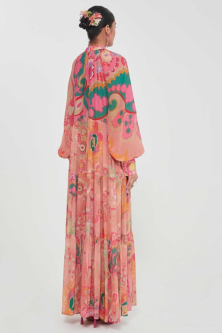 Blush Pink Crepe Printed Tiered Maxi Vacation Dress by SIDDHARTHA BANSAL at Pernia's Pop Up Shop