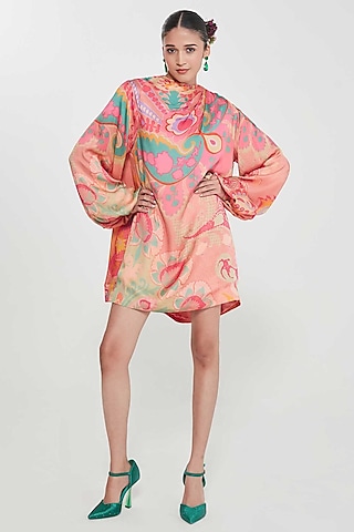 Blush Pink Satin Printed Mini Dress by SIDDHARTHA BANSAL