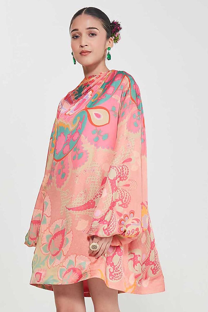Blush Pink Satin Printed Mini Vacation Dress by SIDDHARTHA BANSAL at Pernia's Pop Up Shop