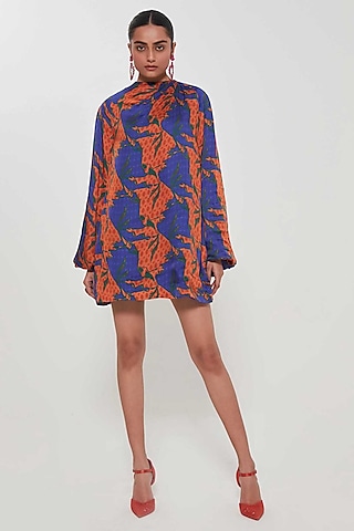 Blue Satin Tessellation Printed Mini Dress by SIDDHARTHA BANSAL