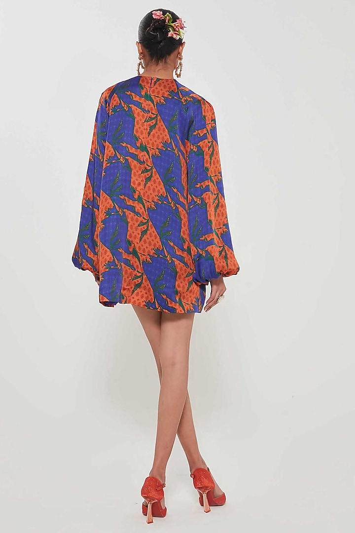 Blue Satin Tessellation Printed Mini Vacation Dress by SIDDHARTHA BANSAL at Pernia's Pop Up Shop
