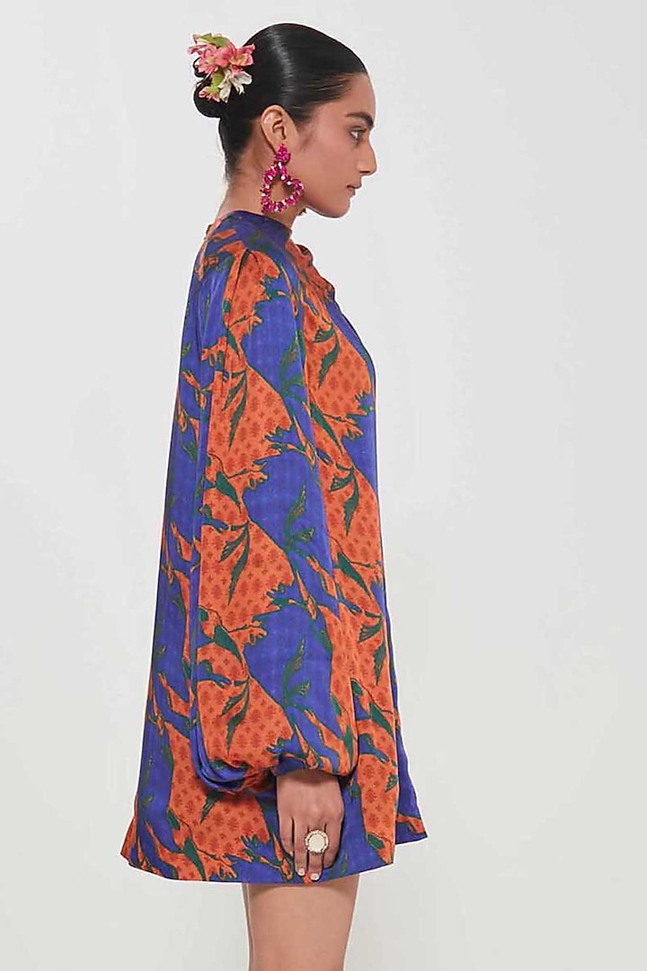 Blue Satin Tessellation Printed Mini Vacation Dress by SIDDHARTHA BANSAL at Pernia's Pop Up Shop